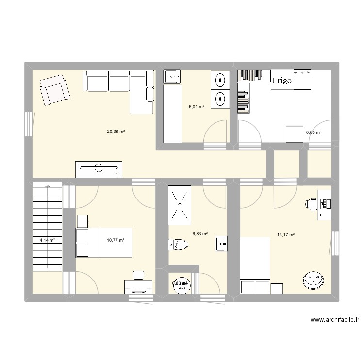 Sous-sol Maison. Plan de 8 pièces et 63 m2