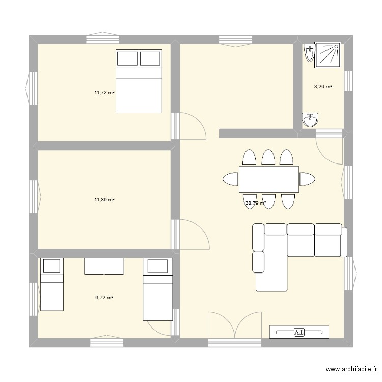 9 au carré. Plan de 5 pièces et 75 m2