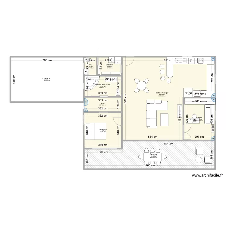 PLAN MAISON F3 3 modules 9x3,6 + terrasse. Plan de 