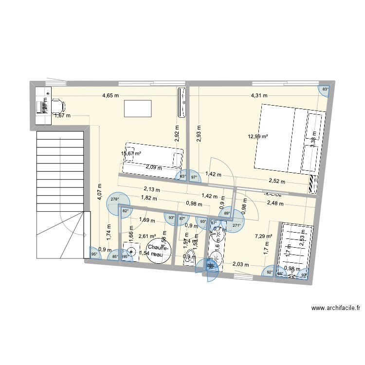 2ème étage. Plan de 3 pièces et 40 m2