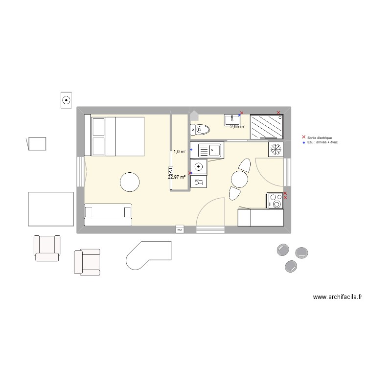 Sépastopol aménagé v3. Plan de 3 pièces et 28 m2