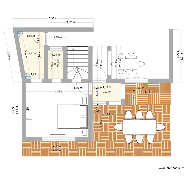 lulu et Pa. Plan de 3 pièces et 9 m2