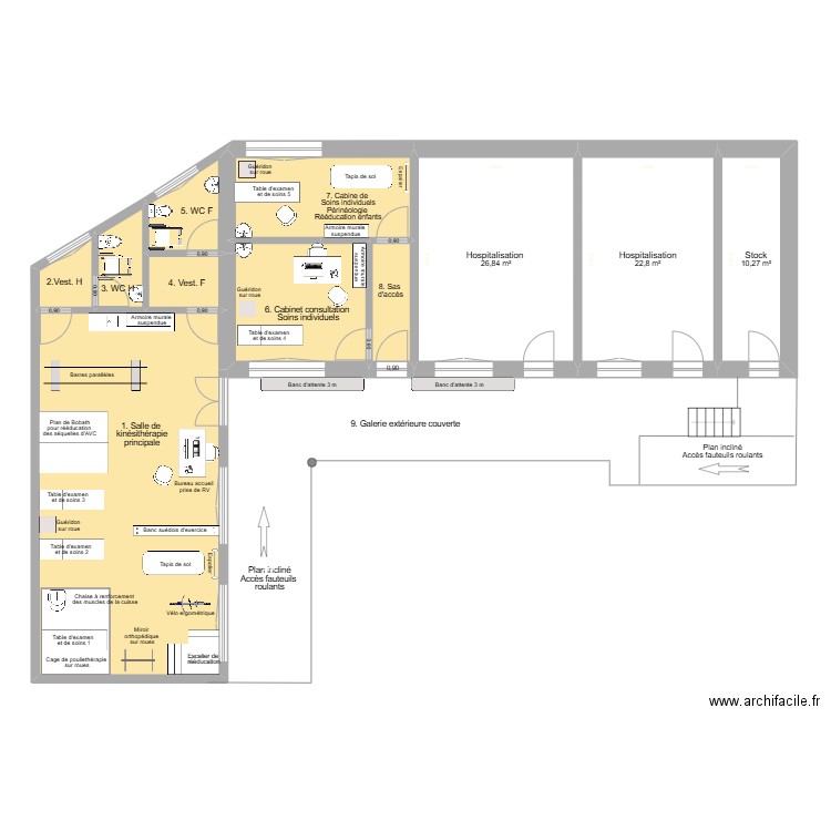 Hôpital de Giheta - bâtiment équipé pour service kiné. Plan de 11 pièces et 156 m2
