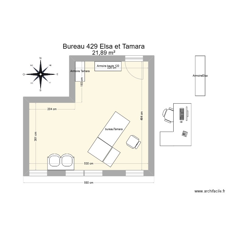 Bureau R 429 Elsa et Tamara. Plan de 1 pièce et 22 m2