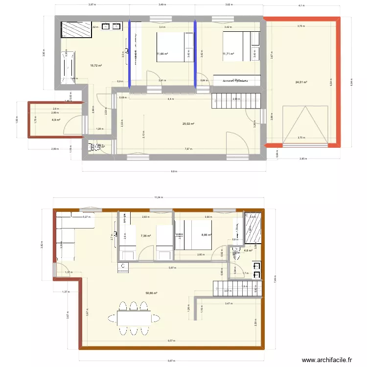 chalet rdc espace sauna devant  _ sdb etage fond. Plan de 