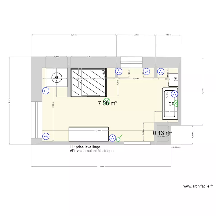 RDC-SDB. Plan de 2  et 7 m²