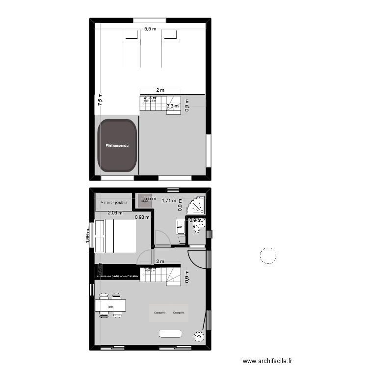 Mezzaninebis. Plan de 2 pièces et 83 m2