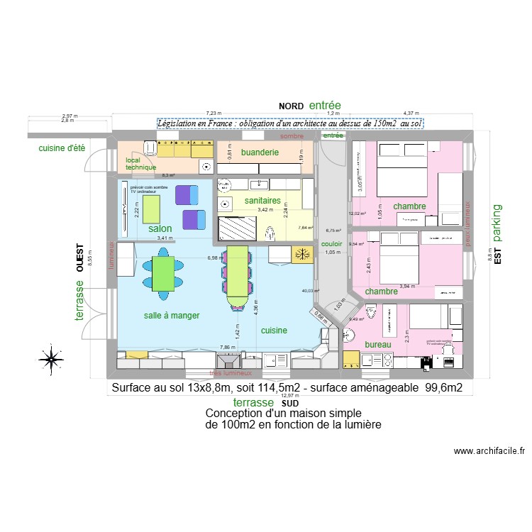 Maison Sud 100m2 08. Plan de 7 pièces et 94 m2