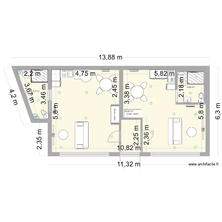 Montlucon. Plan de 3 pièces et 71 m²