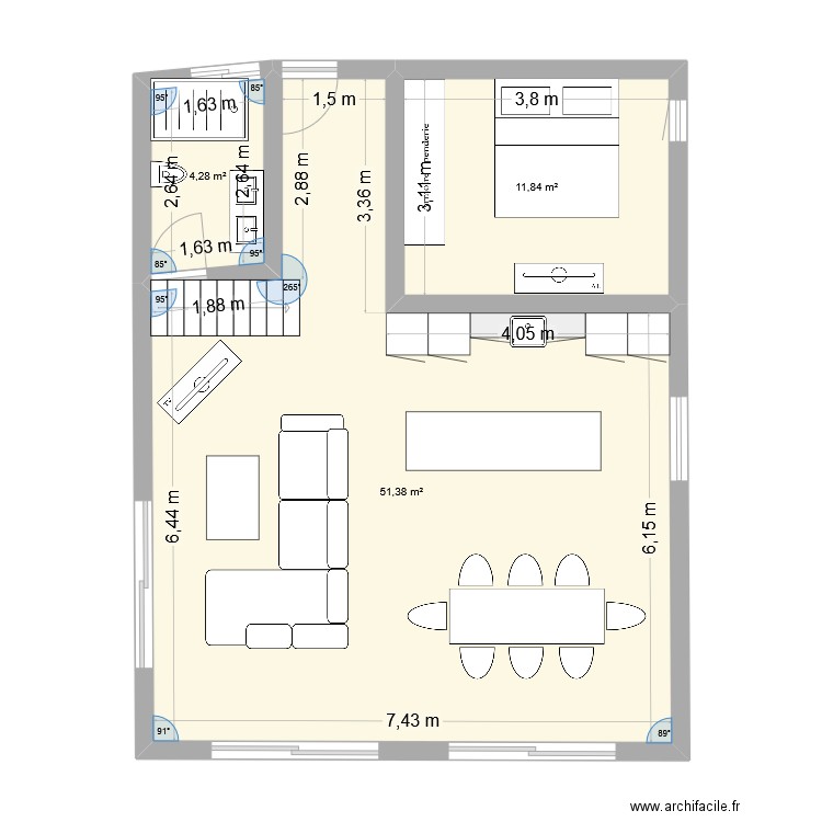 1er étage. Plan de 3 pièces et 68 m2