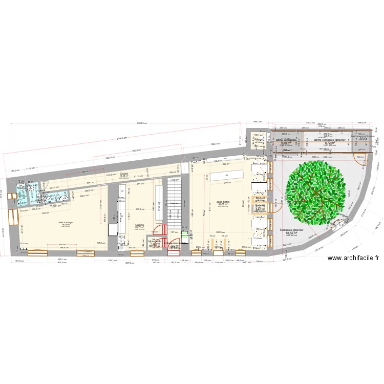 immeuble café de la poste +terrasse. Plan de 15 pièces et 230 m2