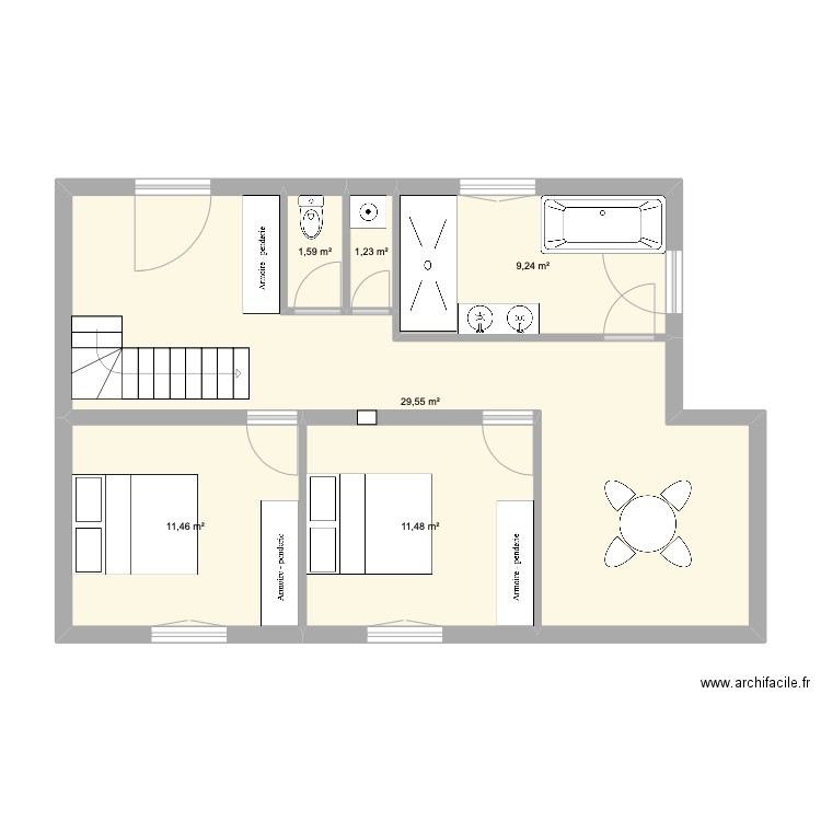 rdc chalet brut avec chambres salle de jeux au fond. Plan de 6 pièces et 65 m2