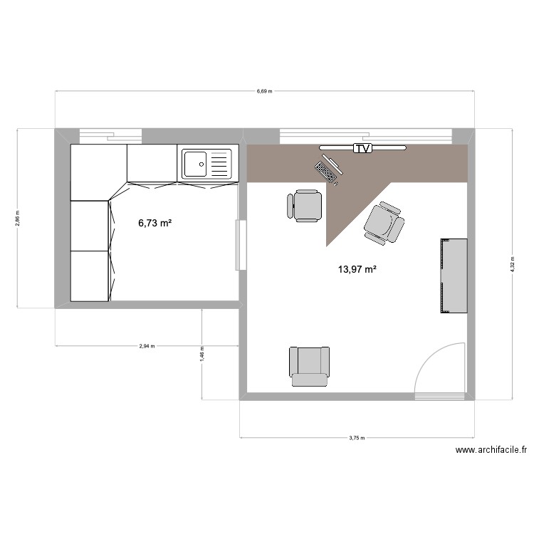 Centre Julie. Plan de 2 pièces et 21 m2