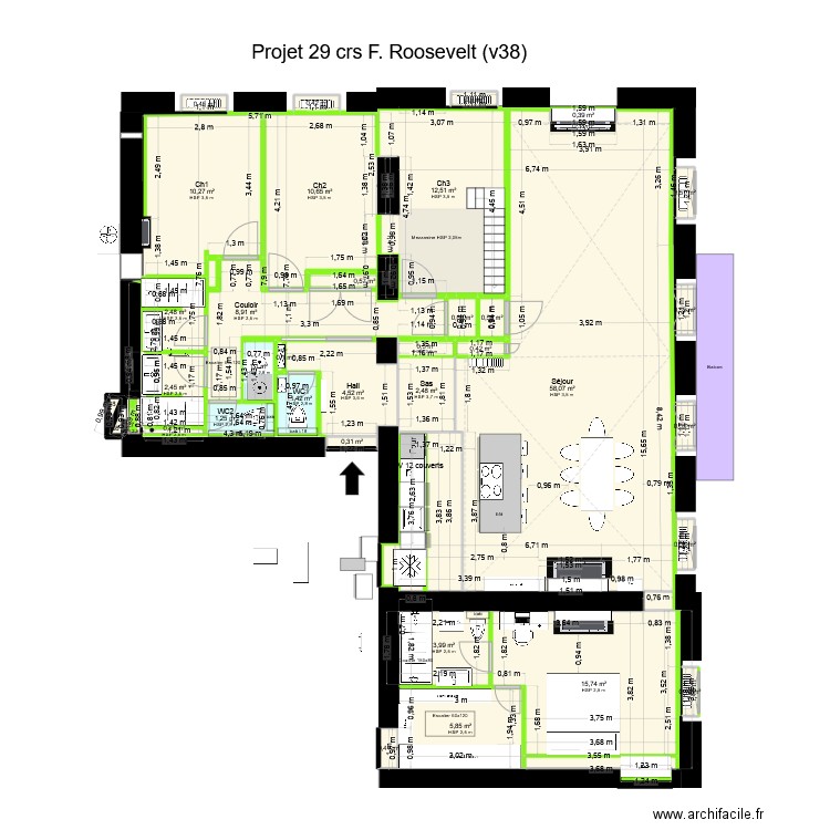 29 crs FR v40 ss meubles. Plan de 38 pièces et 151 m2