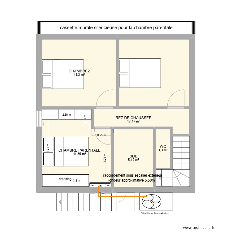 rdc. Plan de 5 pièces et 47 m2
