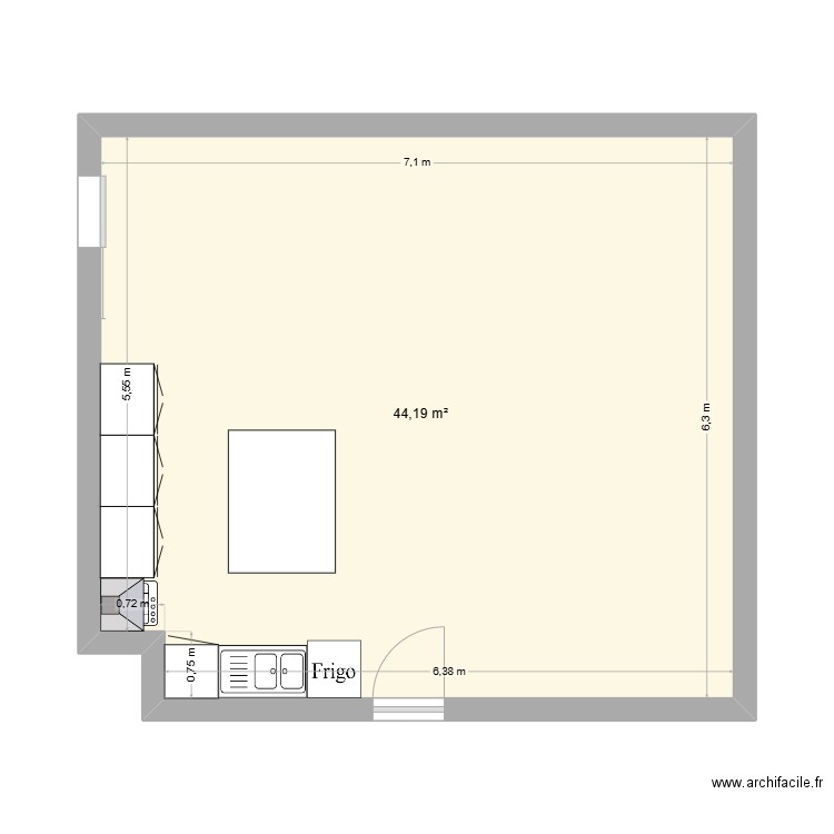 cuisine. Plan de 1 pièce et 44 m2