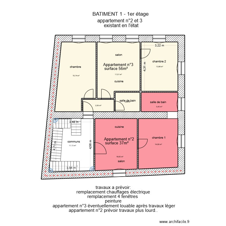 Bâtiment 1 - 1eme étage appartement 2 et 3. Plan de 9 pièces et 110 m2