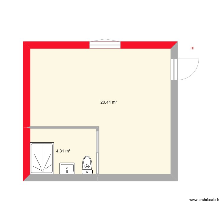 Studio. Plan de 2 pièces et 25 m2