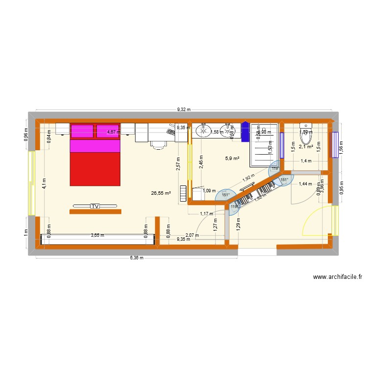 Extension ouverture porte. Plan de 3 pièces et 35 m2