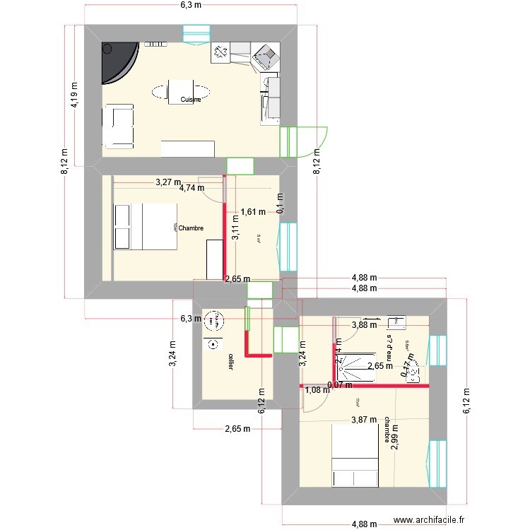 position mobilier 01. Plan de 4 pièces et 61 m2