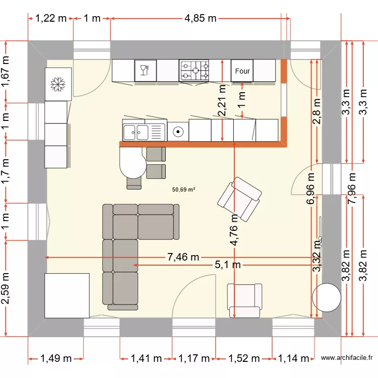 CUISINE & SEJOUR AMMENAGE. Plan de 1 Pièce et 51 m² CUISINE & SEJOUR AMMENAGE. Plan de 1 Pièce et 51 m²