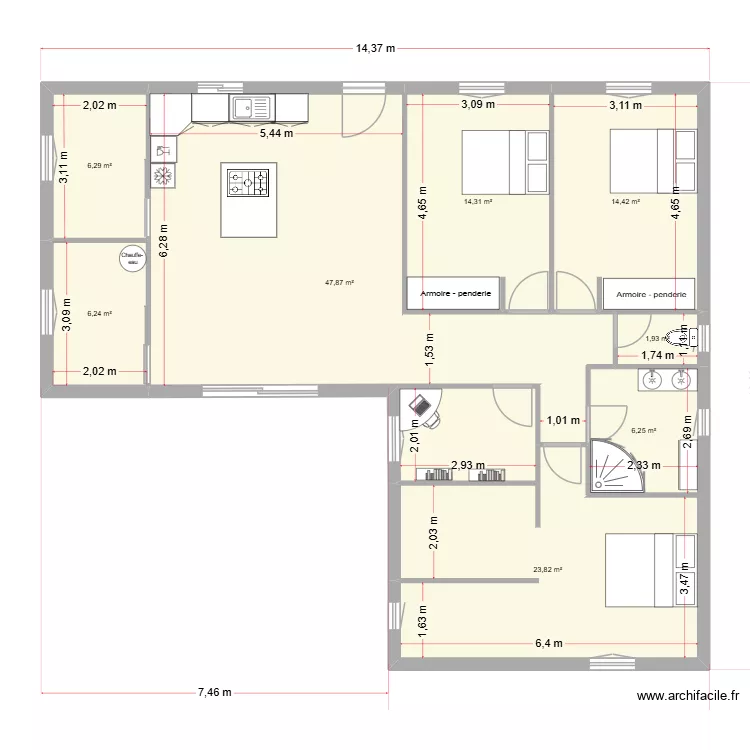 maison audrey en L. Plan de 8  et 121 m²