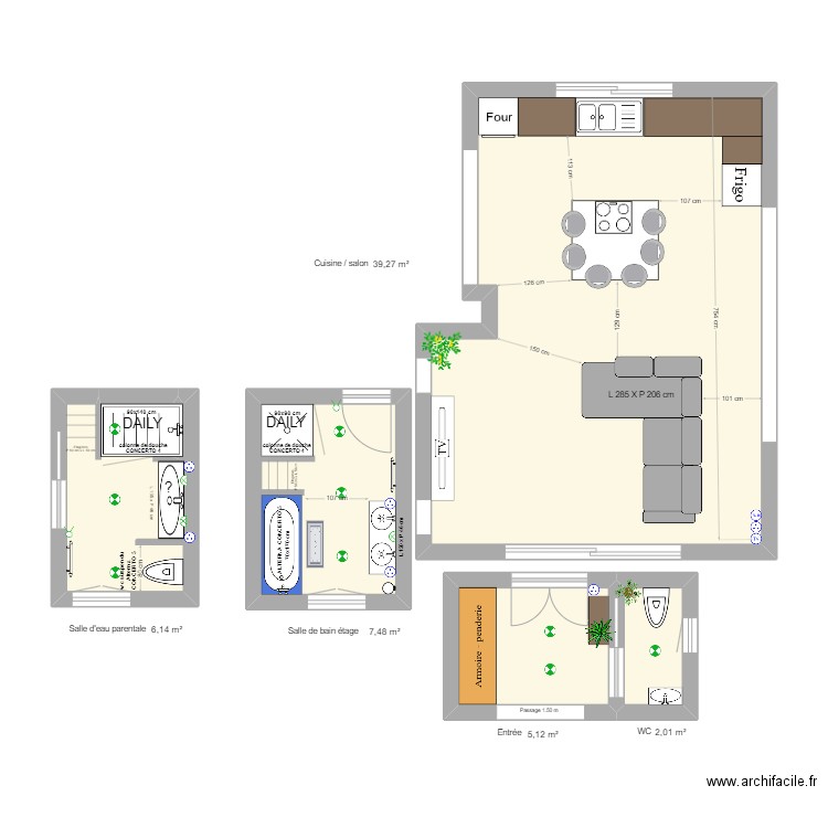 BOUCHARD. Plan de 5 pièces et 60 m2