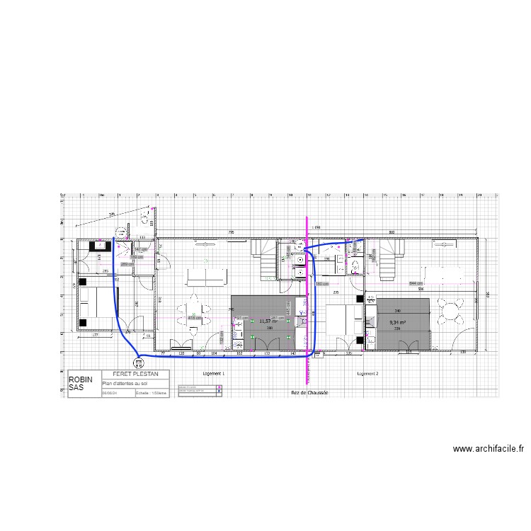 FERET. Plan de 2 pièces et 5 m2
