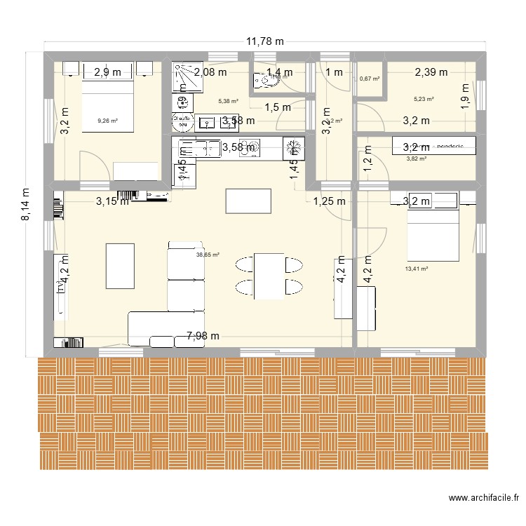 PLAIN PIED 2 CHAMBRES. Plan de 9 pièces et 81 m2