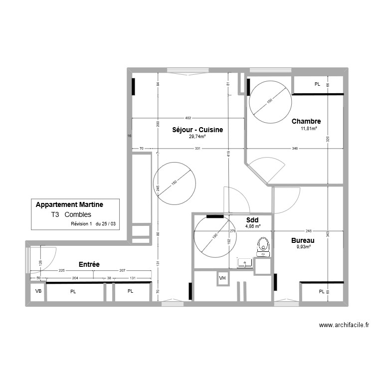 Appartement Martine    T3 combles     Rév. 1 du 25/03. Plan de 1 pièce et 69 m2