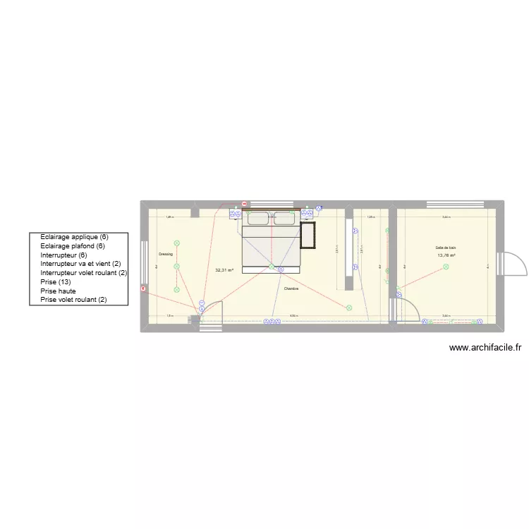 SDB + Chambre. Plan de 2  et 46 m²