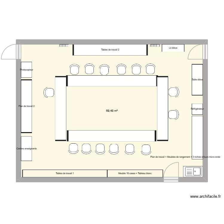Nouvelle salle des Ma&icirc;tres. Plan de 1  et 69 m²