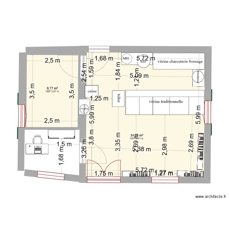 pieces vente et chambre froide. Plan de 2 pièces et 43 m2