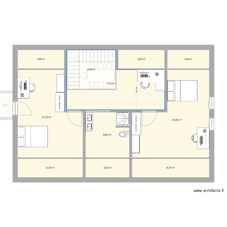 plano 1 piso com sotao 4 quartos e escritório. Plan de 16 pièces et 213 m2