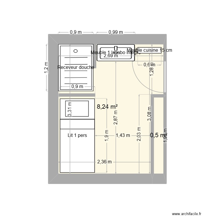 sdb. Plan de 2 pièces et 9 m2