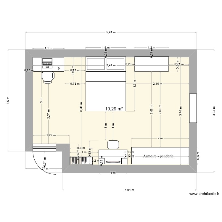 chambre roxane. Plan de 1 pièce et 19 m2