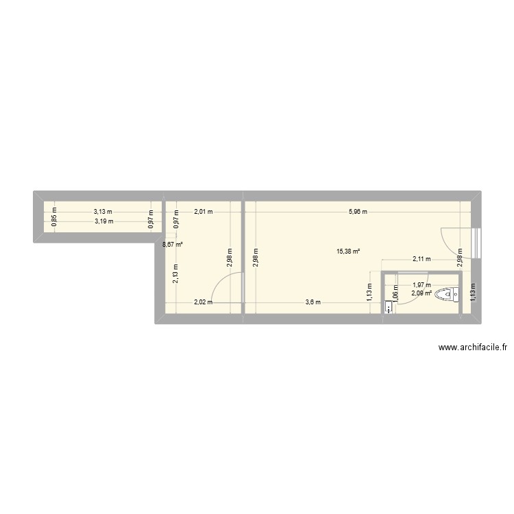 bureau gray. Plan de 3 pièces et 26 m2