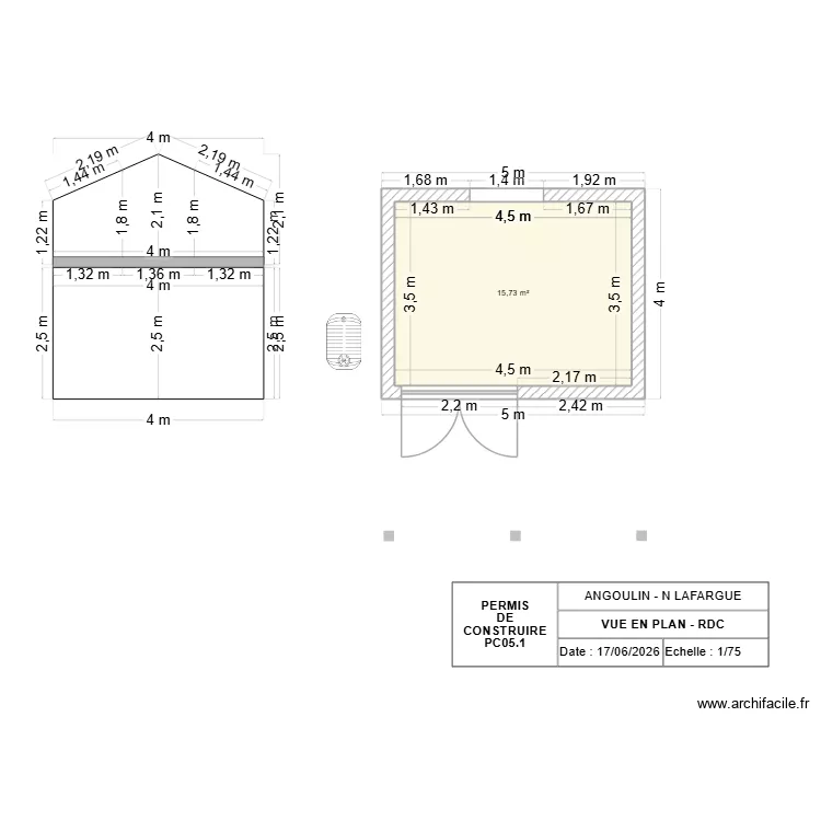 Abris bois permis de construire Angoulin-VUE EN PLAN-PC05.1. Plan de 1  et 16 m²