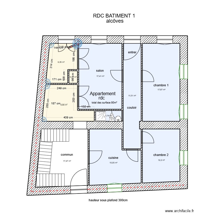 RDC Bâtiment 1 grand salon. Plan de 10 pièces et 109 m2