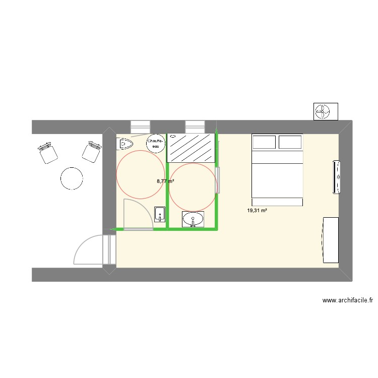 Serre. Plan de 2 pièces et 28 m2