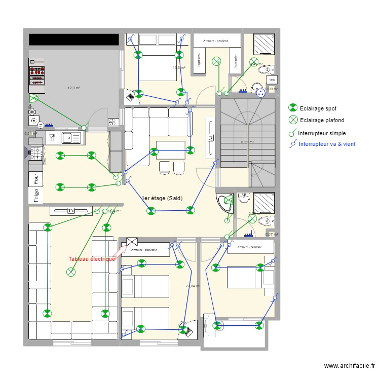 Maison El Houda Eclairage- Appt N°1 (Said). Plan de 11 pièces et 121 m2