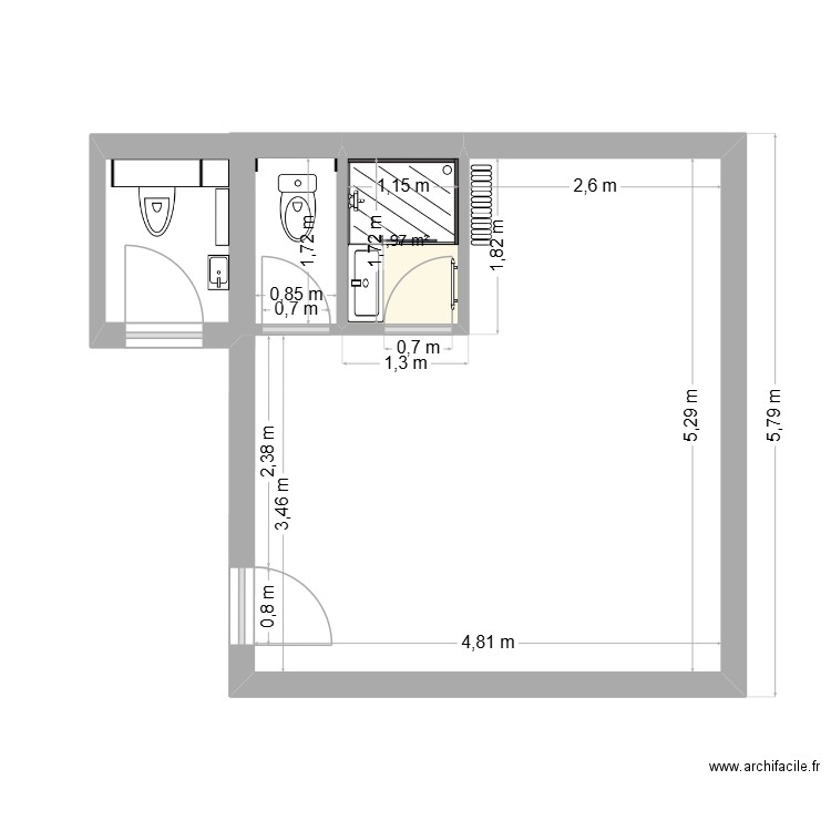 SDD Debié. Plan de 1 pièce et 2 m2