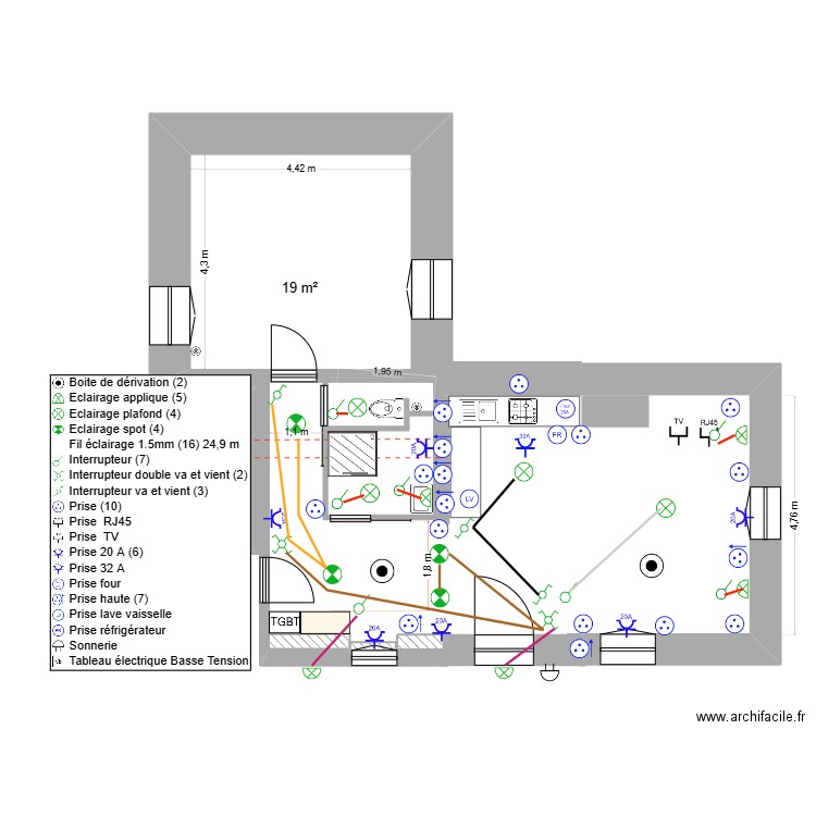ELEC appartement Princesse. Plan de 1 pièce et 19 m2