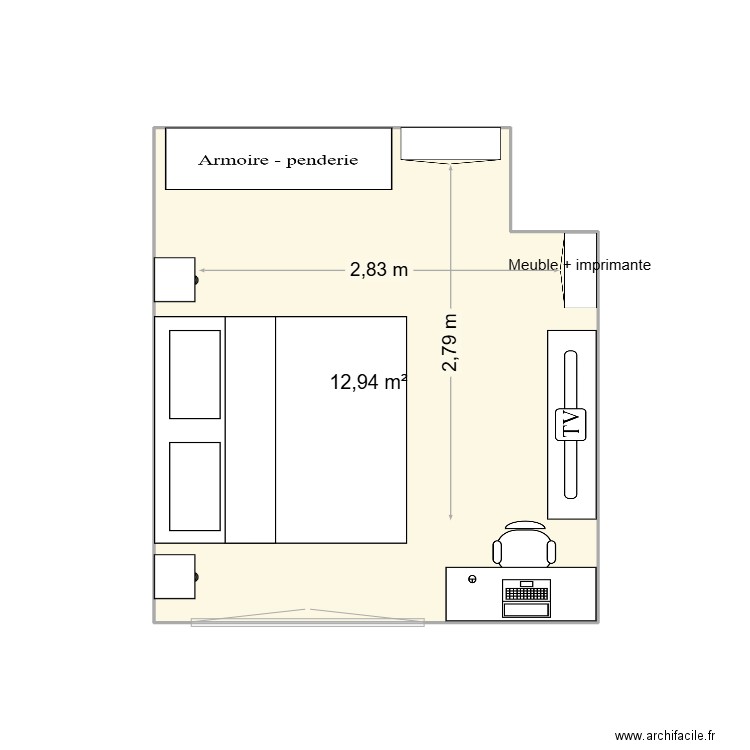 Chambre 1. Plan de 1 pièce et 13 m2