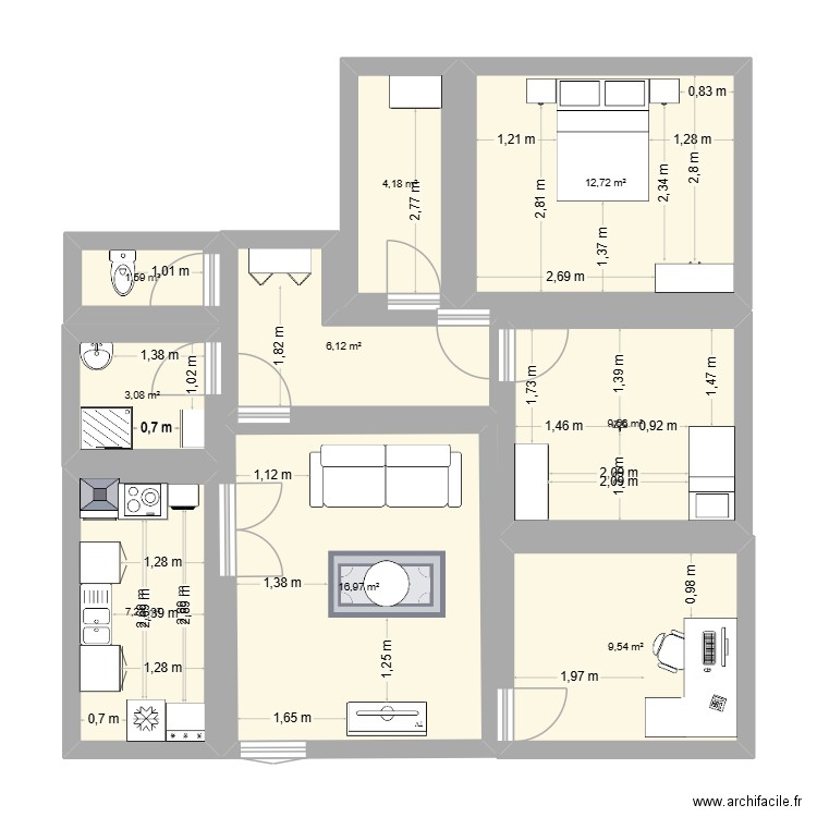 aménagement couple. Plan de 9 pièces et 71 m2