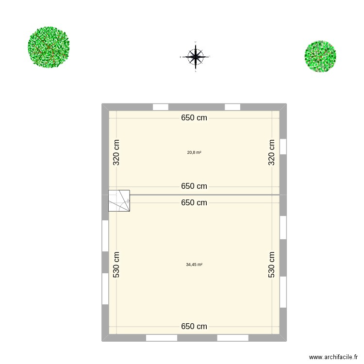 mezzanine. Plan de 2 pièces et 55 m2