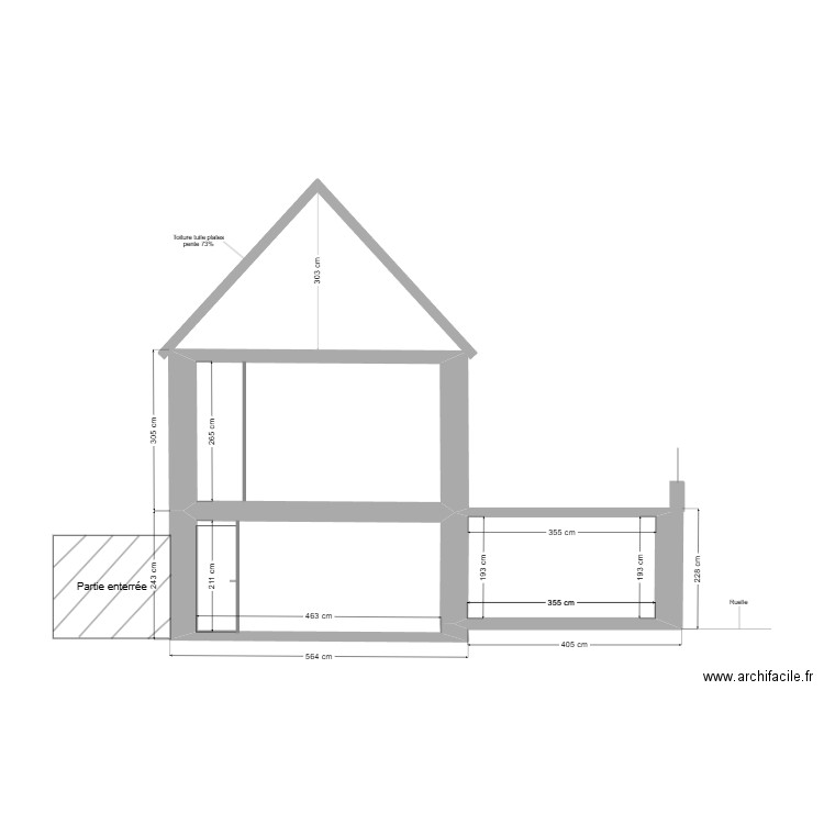 Coupe Pignon. Plan de 3 pièces et 29 m2