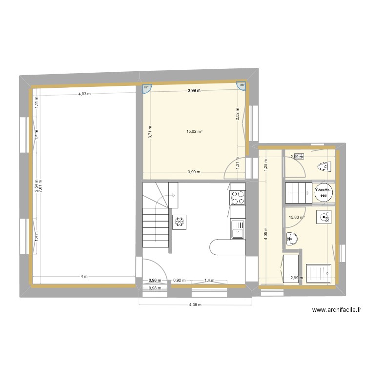 Etage - future isolation en jaune. Plan de 2 pièces et 31 m2