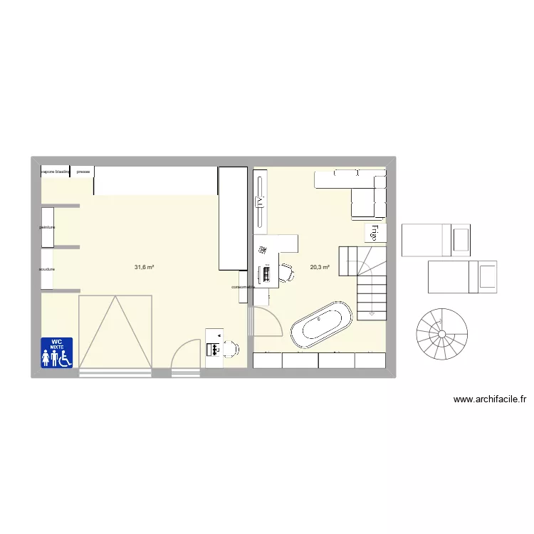 garage 3. Plan de 2  et 52 m²