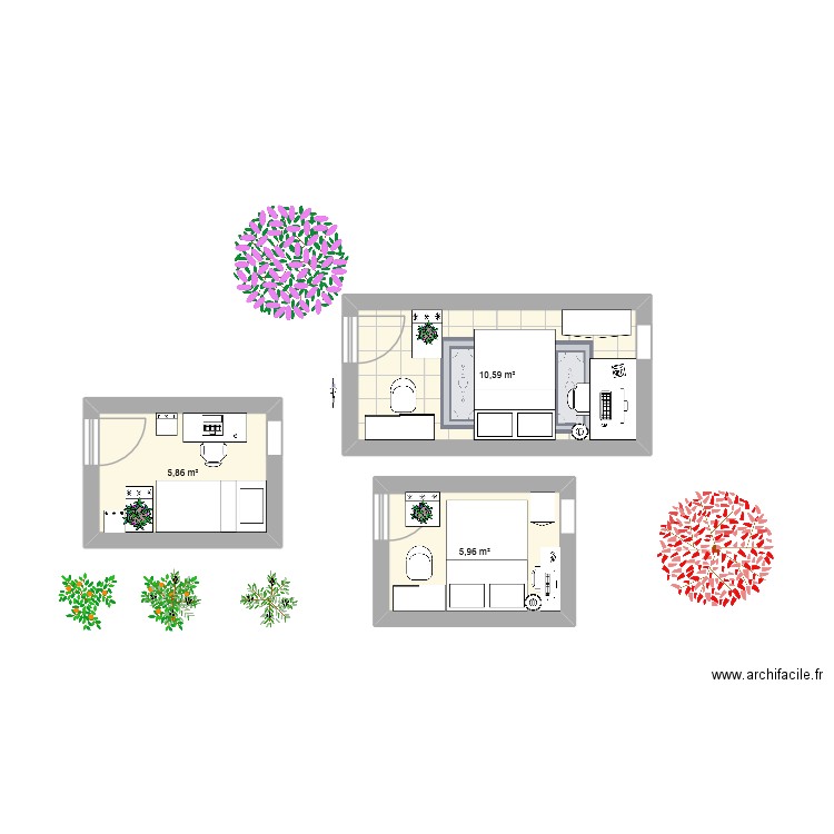chambre. Plan de 3 pièces et 22 m2
